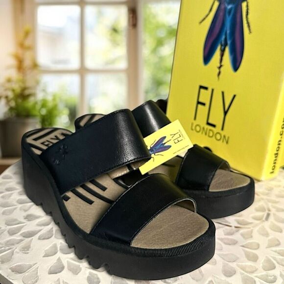 Fly London $190 BESY357FLY Moose Black Leather Slide Wedge Sandals Women’s EU 38 - Picture 4 of 16